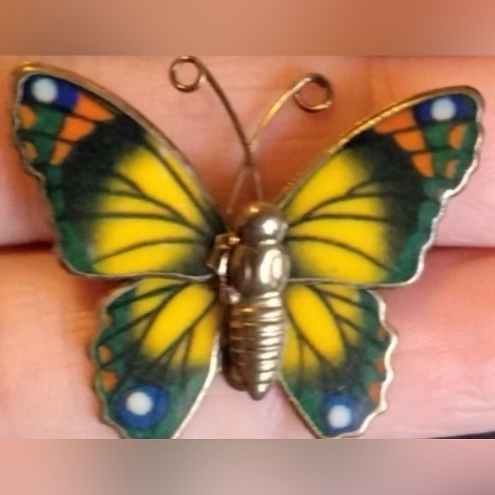 Vintage Enamel butterfly 1” pin wing detail yellow, red, green, goldt antennae